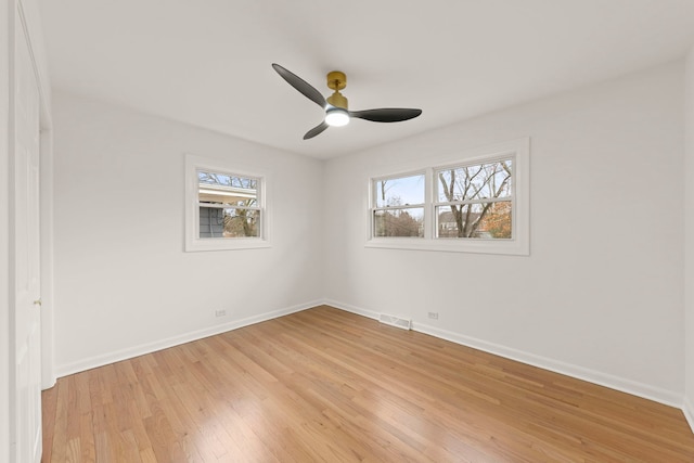 unfurnished room featuring light wood-style floors, visible vents, ceiling fan, and baseboards