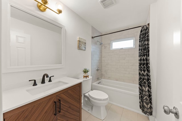 bathroom with shower / tub combo with curtain, visible vents, toilet, vanity, and tile patterned floors