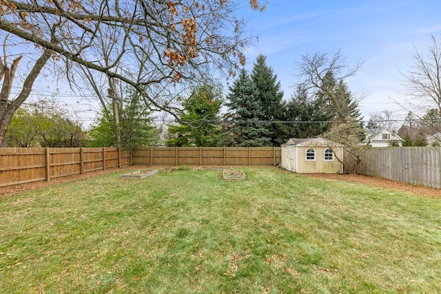 view of yard with an outbuilding, a shed, and a fenced backyard