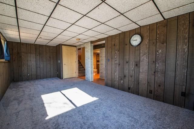 unfurnished room with carpet, a paneled ceiling, and wood walls