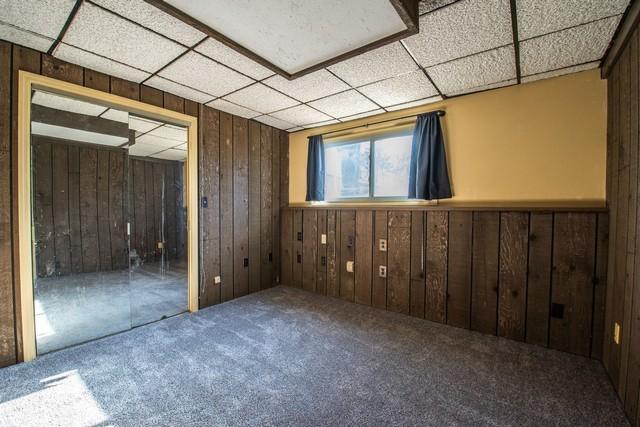 empty room featuring wooden walls, a drop ceiling, and carpet floors