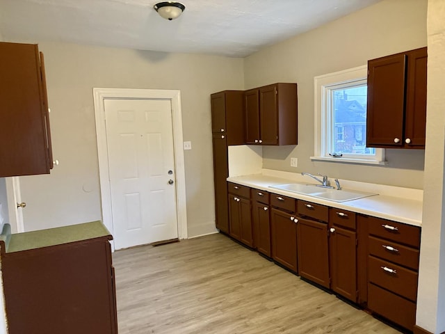 kitchen featuring light hardwood / wood-style floors, dark brown cabinetry, and sink