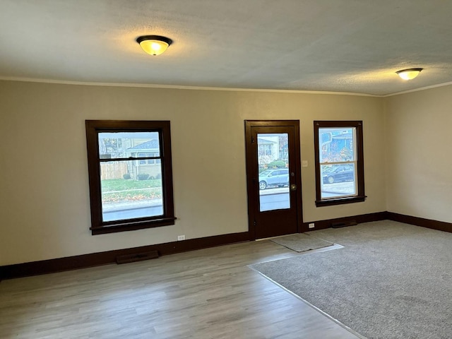 spare room featuring a textured ceiling, light wood-type flooring, ornamental molding, and a wealth of natural light