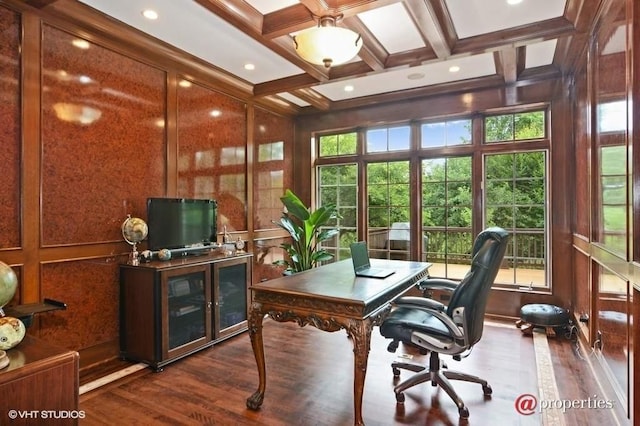 home office featuring wood-type flooring, plenty of natural light, coffered ceiling, and beam ceiling