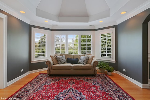 sitting room featuring a raised ceiling, wood-type flooring, and a healthy amount of sunlight