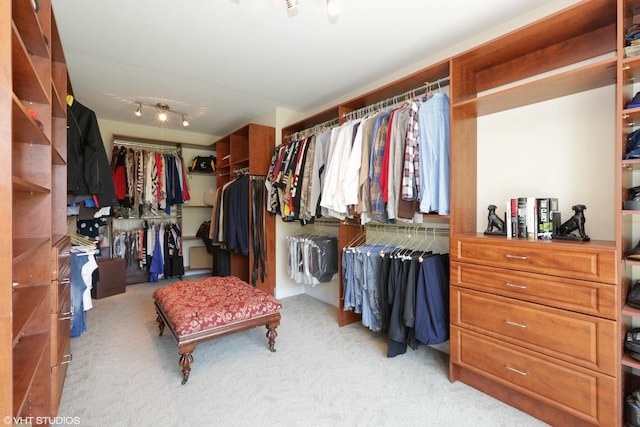 walk in closet featuring light carpet