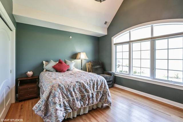 bedroom with vaulted ceiling, light hardwood / wood-style floors, and a closet