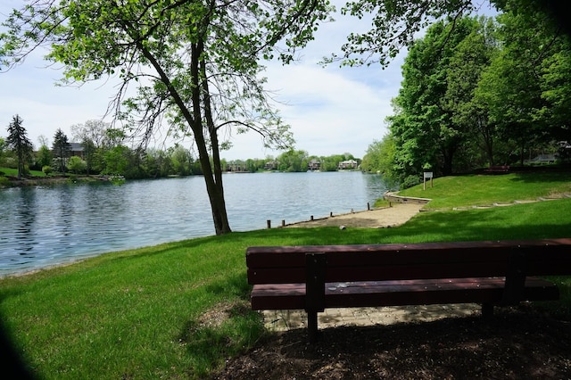 view of property's community featuring a water view and a lawn