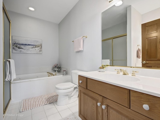 full bathroom featuring tile patterned flooring, vanity, toilet, and plus walk in shower