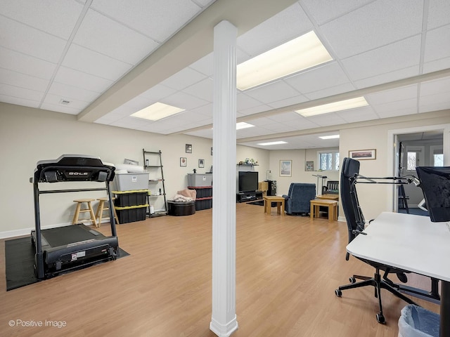 office featuring a paneled ceiling and hardwood / wood-style floors