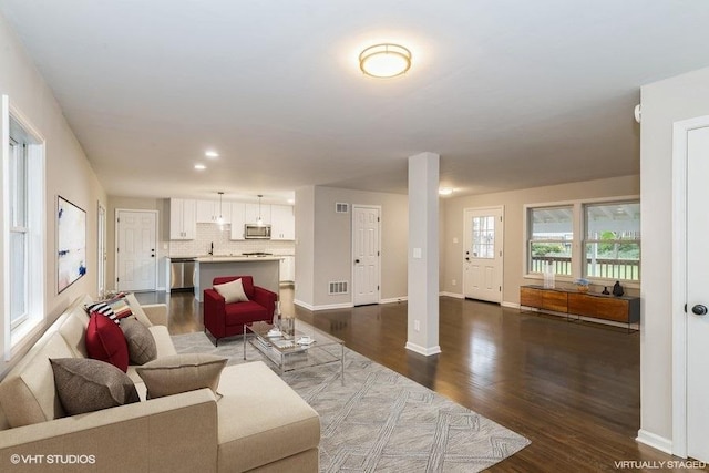 living room with dark wood-type flooring