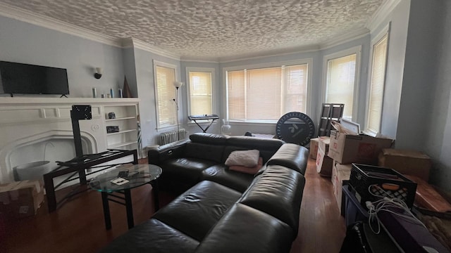 living room with crown molding, wood-type flooring, and a textured ceiling