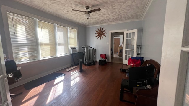 miscellaneous room featuring french doors, cooling unit, hardwood / wood-style flooring, ceiling fan, and ornamental molding