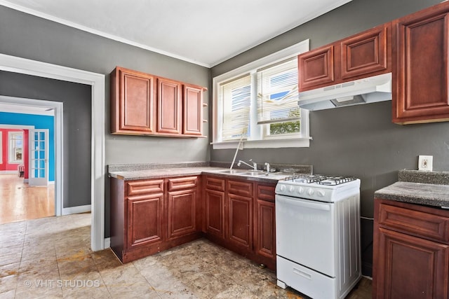 7730 S E End Ave, Chicago, IL 60649 - kitchen with under cabinet range hood, white gas stove, a sink, crown molding, and baseboards