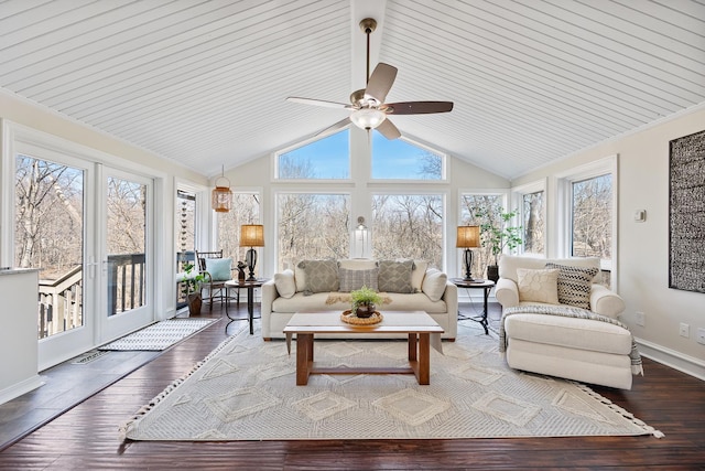 sunroom with vaulted ceiling and ceiling fan