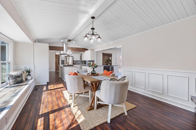 dining area featuring vaulted ceiling with beams, wainscoting, dark wood finished floors, and a decorative wall