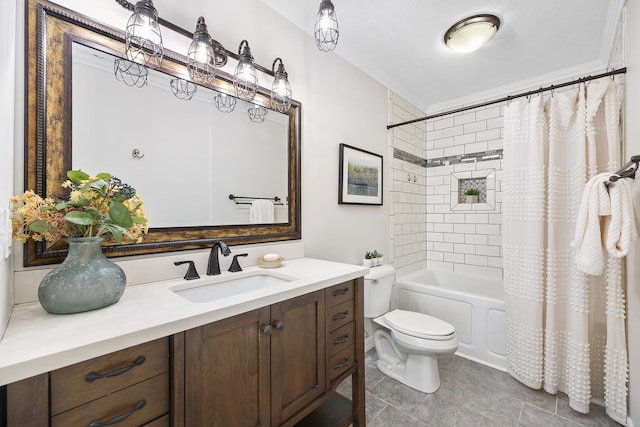 bathroom featuring ornamental molding, shower / bath combo, vanity, and toilet