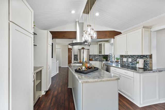 kitchen with open shelves, a kitchen island, island range hood, and stainless steel appliances