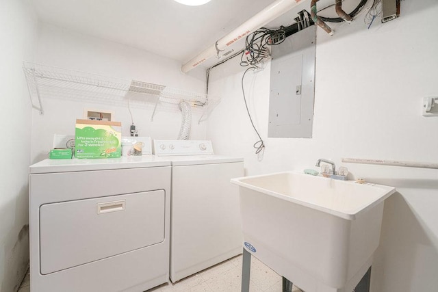 laundry area with washing machine and dryer, sink, and electric panel