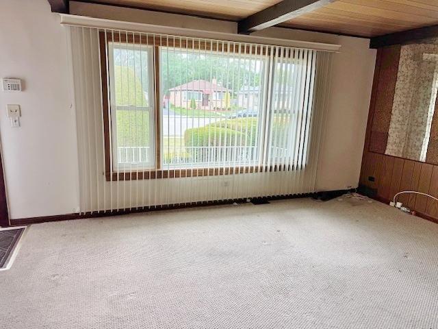 1429 N Wolf Rd, Berkeley, IL 60163 - unfurnished room featuring carpet, healthy amount of natural light, a wooden ceiling with exposed beams, and wooden walls