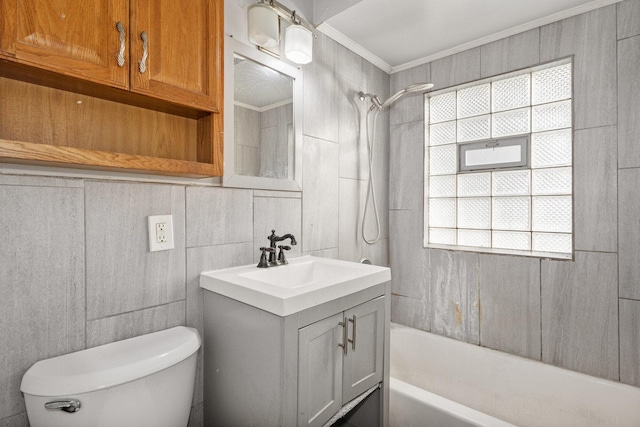 full bathroom with ornamental molding, a healthy amount of sunlight, toilet, and vanity