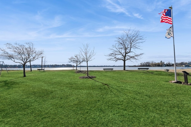 view of yard with a water view