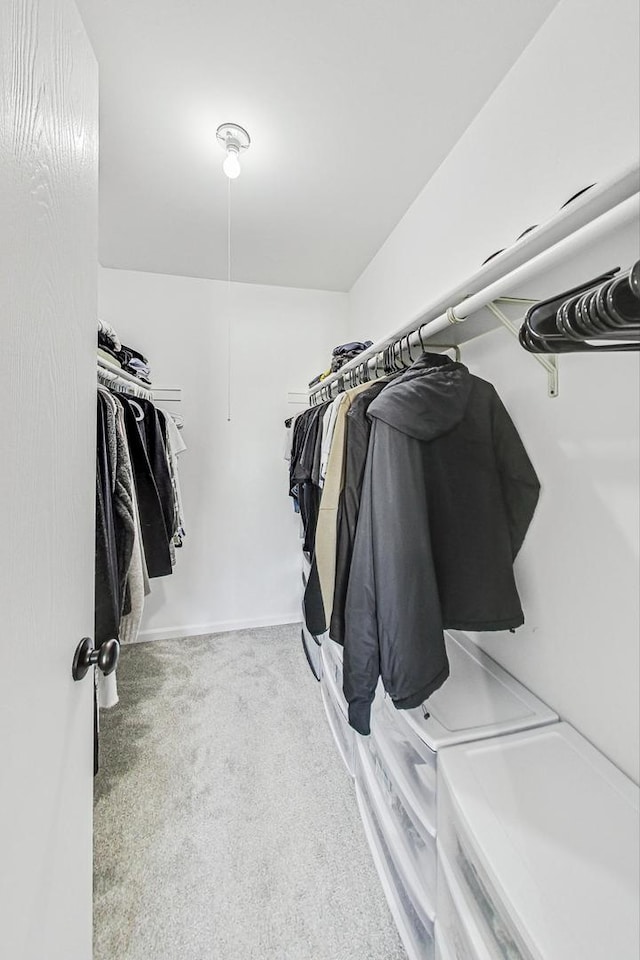 spacious closet featuring light carpet