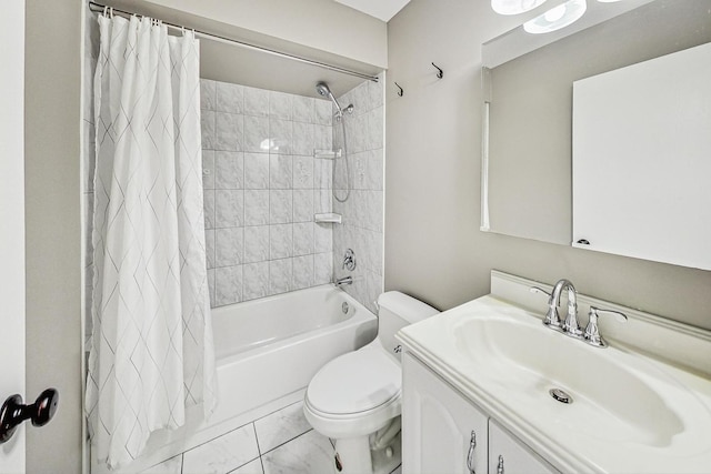 full bathroom featuring shower / bath combination with curtain, vanity, and toilet