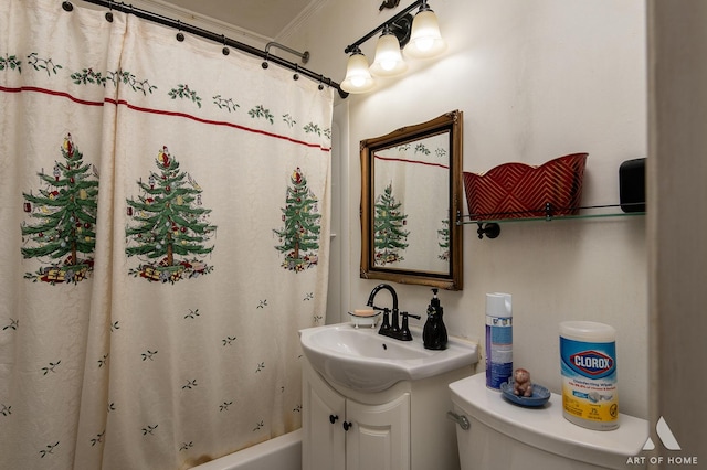 full bathroom featuring toilet, vanity, shower / bath combination with curtain, and ornamental molding