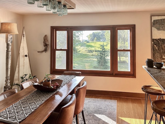 dining area with hardwood / wood-style floors, plenty of natural light, and a textured ceiling