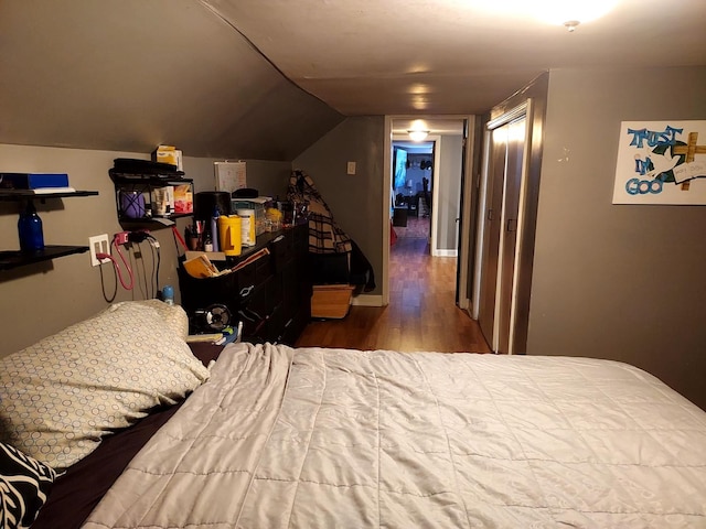 bedroom featuring wood-type flooring and vaulted ceiling