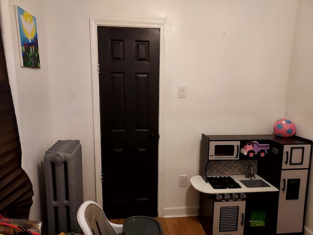 kitchen with hardwood / wood-style floors and radiator