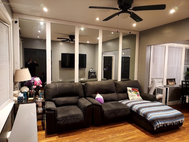 living room with ceiling fan and light hardwood / wood-style floors