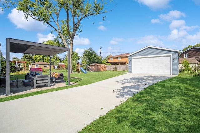 exterior space featuring an outdoor living space, a garage, a playground, a patio area, and an outdoor structure