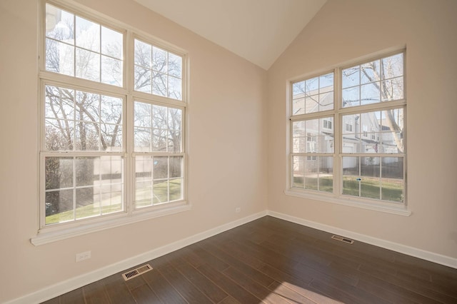 spare room featuring vaulted ceiling, a wealth of natural light, and dark wood-type flooring