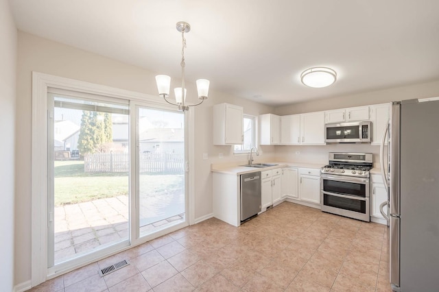 kitchen featuring pendant lighting, white cabinets, sink, and appliances with stainless steel finishes