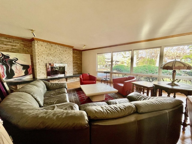 living room featuring hardwood / wood-style floors, plenty of natural light, a fireplace, and crown molding