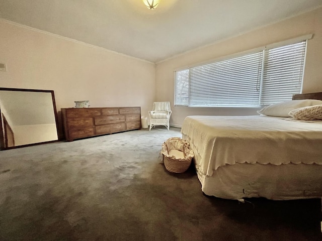 bedroom with carpet flooring and crown molding