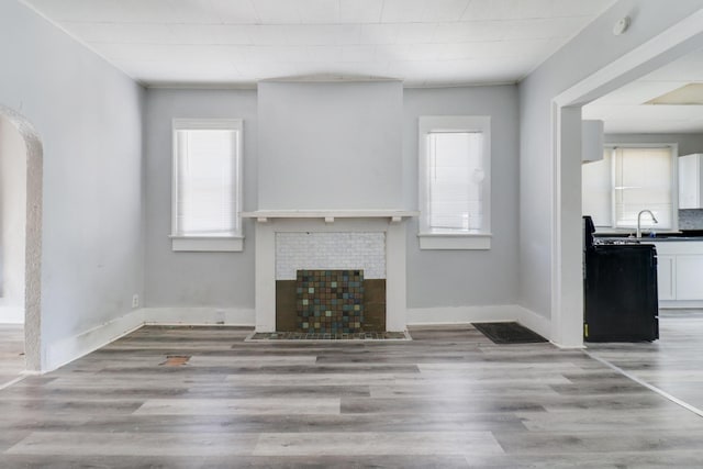 unfurnished living room featuring a healthy amount of sunlight, light wood-type flooring, and sink