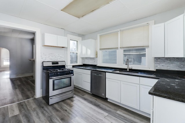 kitchen with white cabinets, dark hardwood / wood-style flooring, sink, and appliances with stainless steel finishes