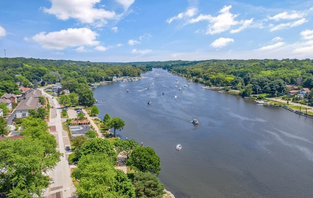 drone / aerial view featuring a water view