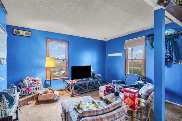 living room featuring a healthy amount of sunlight and a textured ceiling