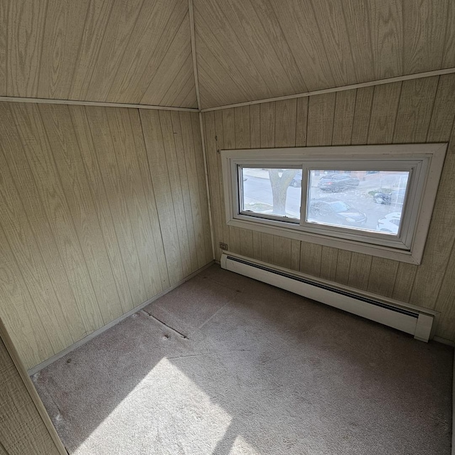 bonus room with carpet flooring, wood ceiling, baseboard heating, wooden walls, and lofted ceiling