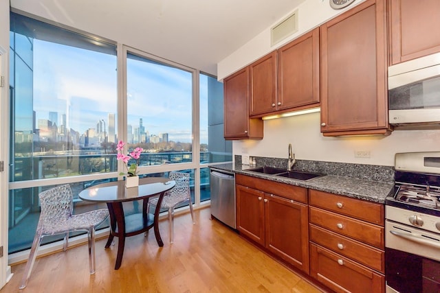 kitchen featuring appliances with stainless steel finishes, floor to ceiling windows, sink, light hardwood / wood-style flooring, and dark stone countertops