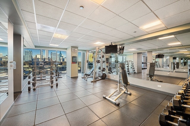 workout area with a paneled ceiling and expansive windows