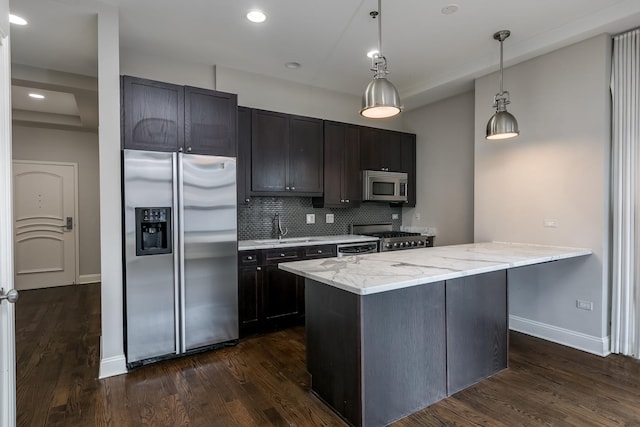 kitchen with sink, hanging light fixtures, decorative backsplash, dark hardwood / wood-style flooring, and stainless steel appliances