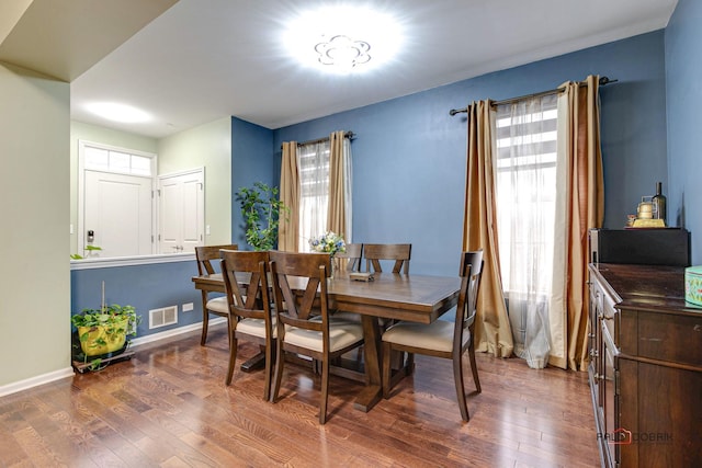 dining area featuring plenty of natural light and dark wood-type flooring