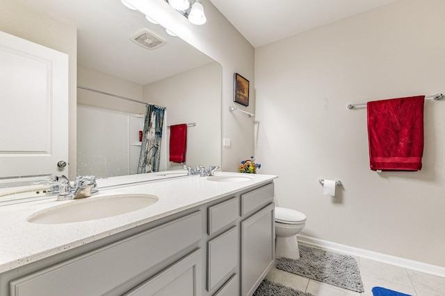 bathroom with tile patterned flooring, visible vents, toilet, a sink, and double vanity