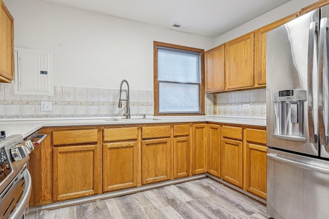 kitchen with backsplash, stainless steel appliances, sink, light hardwood / wood-style flooring, and electric panel