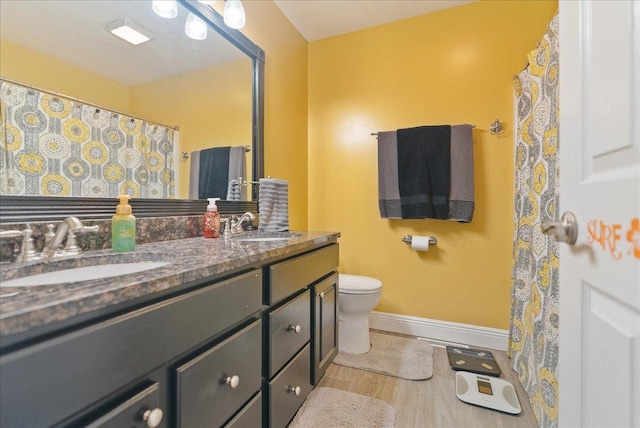 bathroom with vanity, toilet, and wood-type flooring